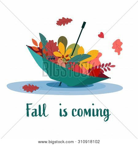 An Umbrella Full Of Colorful Autumn Leaves. Fall Is Coming. Flat Cartoon Style Vector Illustration.