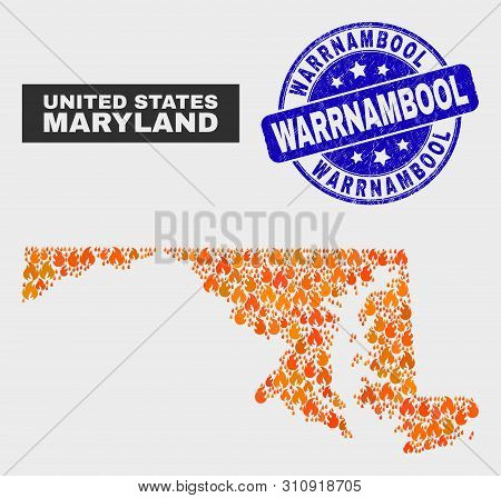 Vector Composition Of Fired Maryland State Map And Blue Rounded Distress Warrnambool Seal Stamp. Ora