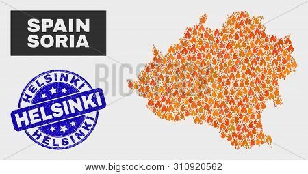 Vector Collage Of Fired Soria Province Map And Blue Rounded Textured Helsinki Seal Stamp. Fiery Sori