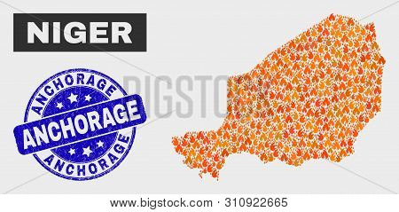 Vector Collage Of Flame Niger Map And Blue Rounded Grunge Anchorage Seal Stamp. Fiery Niger Map Mosa