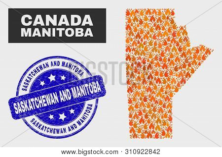 Vector Composition Of Fire Manitoba Province Map And Blue Rounded Grunge Saskatchewan And Manitoba S