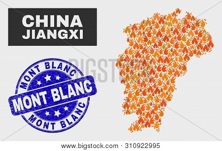 Vector Composition Of Flamed Jiangxi Province Map And Blue Rounded Textured Mont Blanc Seal Stamp. F
