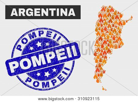 Vector Composition Of Flame Argentina Map And Blue Rounded Distress Pompeii Watermark. Fiery Argenti