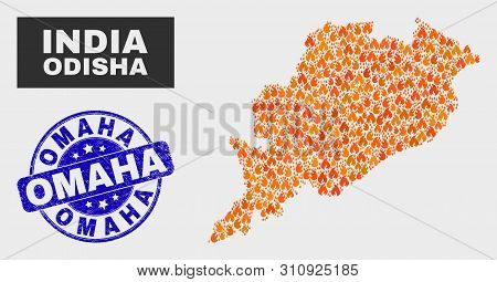 Vector Composition Of Fire Odisha State Map And Blue Rounded Distress Omaha Seal Stamp. Orange Odish