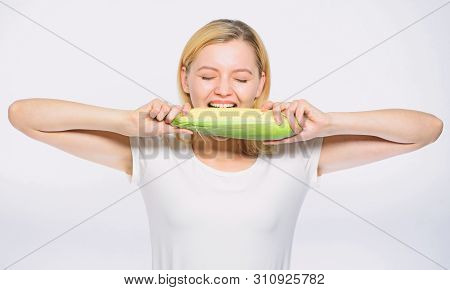 Farming, Farmer Girl With Maize. Happy Woman Eating Corn. Vegetable Harvest. Agriculture And Cultiva