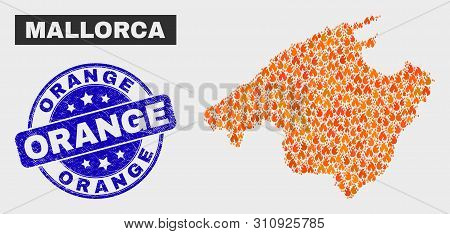 Vector Composition Of Flame Mallorca Map And Blue Rounded Scratched Orange Seal Stamp. Orange Mallor