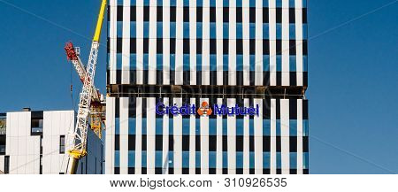 Strasbourg, France - Jul 2 2019: Wide Image French Credit Mutuel Cooperative Bank, Logotype On The N