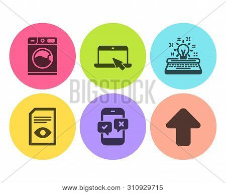 Portable Computer, Typewriter And Phone Survey Icons Simple Set. Washing Machine, View Document And 