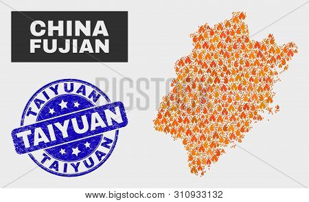 Vector Composition Of Fire Fujian Province Map And Blue Rounded Textured Taiyuan Stamp. Fiery Fujian