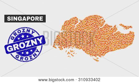 Vector Composition Of Wildfire Singapore Map And Blue Round Textured Grozny Seal Stamp. Fiery Singap