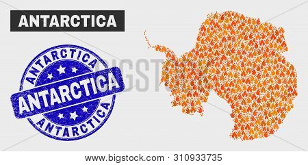 Vector Composition Of Fire Antarctica Continent Map And Blue Rounded Scratched Antarctica Seal Stamp
