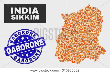 Vector Collage Of Flame Sikkim State Map And Blue Round Scratched Gaborone Seal Stamp. Orange Sikkim