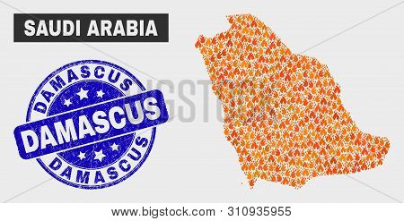 Vector Collage Of Burn Saudi Arabia Map And Blue Rounded Distress Damascus Stamp. Orange Saudi Arabi