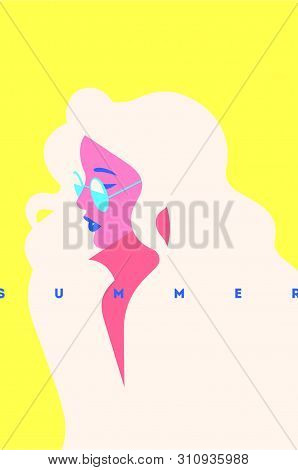 Summer Fashion Portrait Of A Blondie Model Girl With Sunglasses. Retro Trendy Yellow Color Poster Or