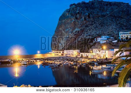El Jebha, Morocco - October 18, 2013. Marina With Colored Boats By Mediterranean Sea At Night