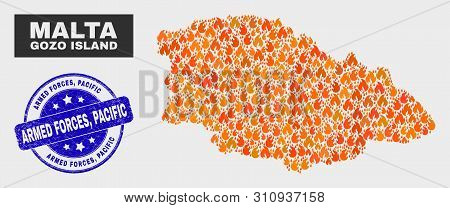 Vector Composition Of Flamed Gozo Island Map And Blue Rounded Textured Armed Forces, Pacific Seal St