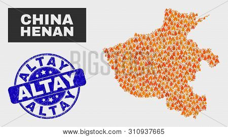 Vector Composition Of Burn Henan Province Map And Blue Rounded Grunge Altay Seal Stamp. Orange Henan