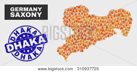 Vector Composition Of Fired Saxony Land Map And Blue Round Distress Dhaka Stamp. Fiery Saxony Land M