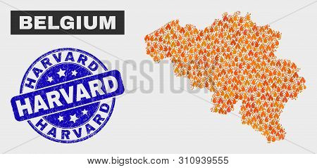 Vector Collage Of Fired Belgium Map And Blue Rounded Textured Harvard Seal. Fiery Belgium Map Mosaic