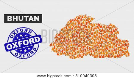 Vector Collage Of Wildfire Bhutan Map And Blue Round Textured Oxford Stamp. Fiery Bhutan Map Mosaic 