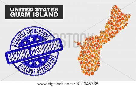 Vector Collage Of Fire Guam Island Map And Blue Rounded Scratched Baikonur Cosmodrome Watermark. Ora