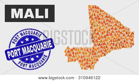 Vector Composition Of Fire Mali Map And Blue Round Grunge Port Macquarie Watermark. Fiery Mali Map M