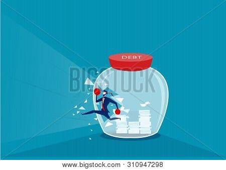 Businessman Breaking The Glass Bottle To Success Without Debt. Business Concept Illustration.