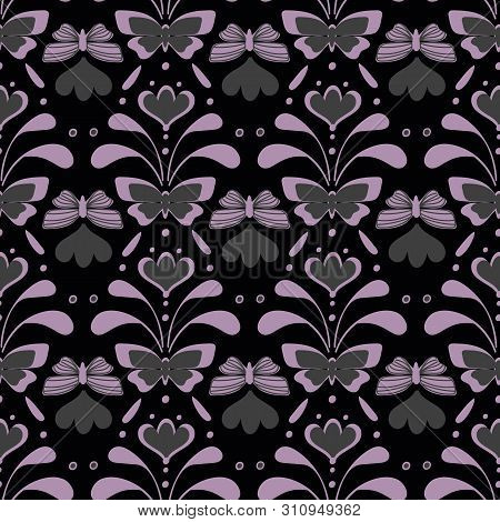 A Seamless Vintege Damask Moody Vector Pattern With Butterflies And Florals. Surface Print Design.