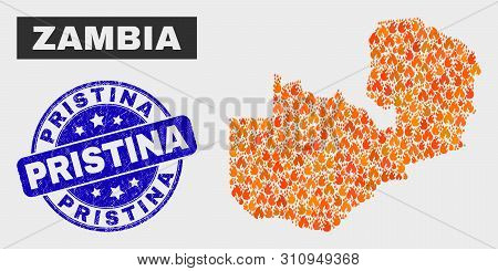 Vector Collage Of Flame Zambia Map And Blue Rounded Textured Pristina Stamp. Fiery Zambia Map Mosaic
