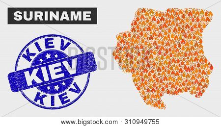 Vector Composition Of Fire Suriname Map And Blue Rounded Textured Kiev Seal Stamp. Fiery Suriname Ma