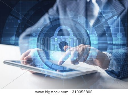 Cyber Security And Data Privacy Protection. Virtual Locking Padlock Element. Double Exposure Concept