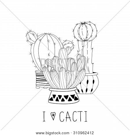 Set Of Cute Hand Drawn Cacti On White Background And Hand Lettering. Vector Icons In Black And White