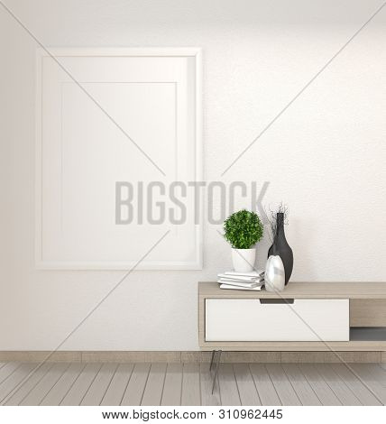 Mock Up Cabinet In Zen Living Room On White Wall Background,3D Rendering