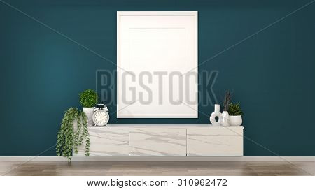 Mock Up Frame On Granite Cabinets In A Dark Green Room And Decoration.3D Rendering