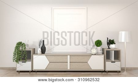 Mock Up Cabinet In Zen Living Room On White Wall Background,3D Rendering