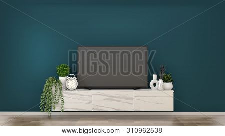Mock Up Smart Tv On Granite Cabinets In A Dark Green Room And Decoration.3D Rendering