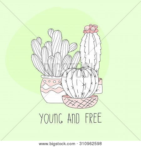 Cute Hand Drawn Cactus With Letters On Color Background. Vector Icons In Minimalistic Sketch Style. 