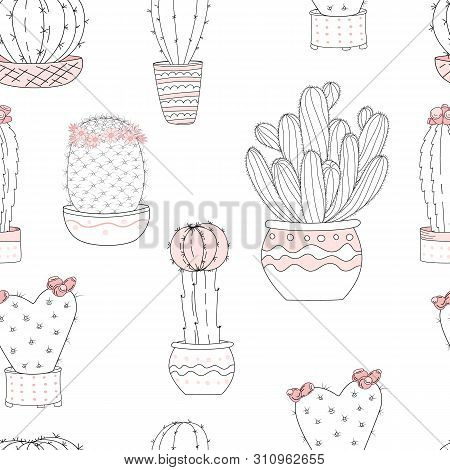 Cute Hand Drawn Cacti On White Background And Hand Lettering. Vector Seamless Pattern. Hand-drawn Is