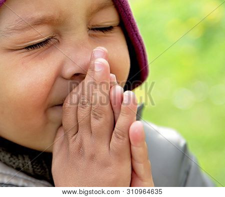 Little Boy Praying To God Stock Image With Hands Held Together With Closed Eyes  Stock Photo