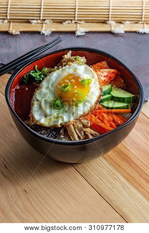 Authentic Korean Cuisine Vegetarian Cold Bibimbap With Fried Egg