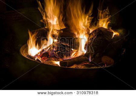 Summer Camping Fire Pit With Blue Smoke
