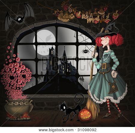 ilustrace s čarodějnice halloween