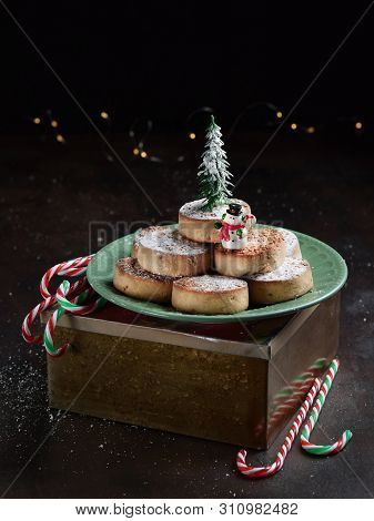 Typical Spansih Christmas Cookies Polvorones, Mantecados, With Almonds On Dark Wooden Background Wit