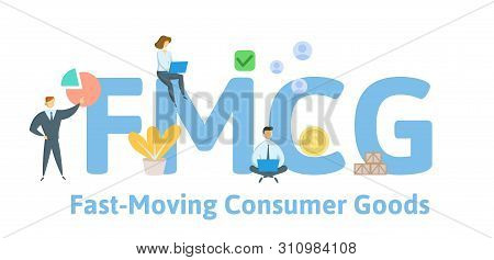 Fmcg, Fast Moving Consumer Goods. Concept With People, Letters And Icons. Flat Vector Illustration. 