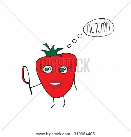 Ripe Funny Tomato Looking In The Mirror, Hand Drawing Vector Illustration. Juice Label Design.