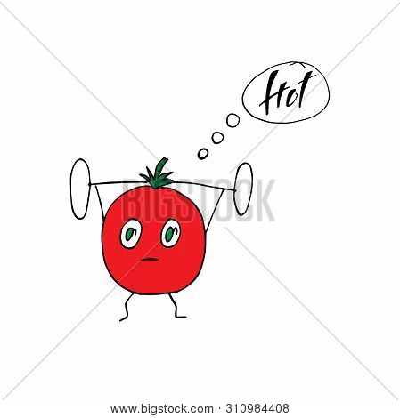 Cute Ripe Tomato Lifts Heavy Weight Using Barbell. Funny Bodybuilder Illustration. Healthy Lifestyle