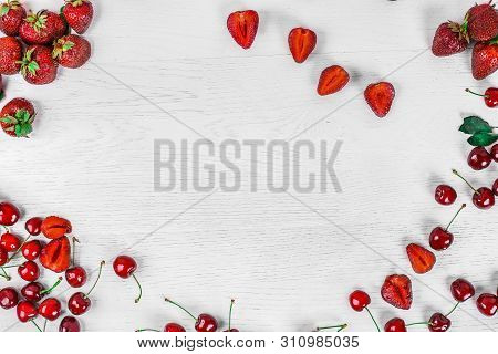 Background For Text. Top View Of Strawberries And Cherries. Summer Food
