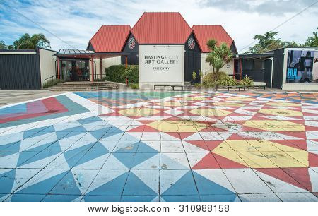 Hastings, New Zealand - January 05 2018 : View Of Hastings City Art Galley In Civic Square Of Hastin