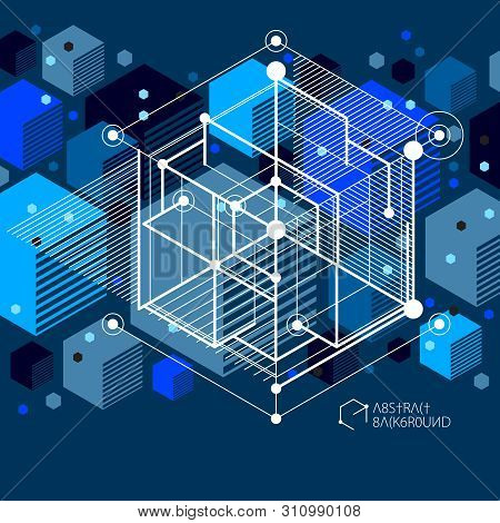 Lines And Shapes Abstract Vector Isometric 3d Blue Black Background. Abstract Scheme Of Engine Or En