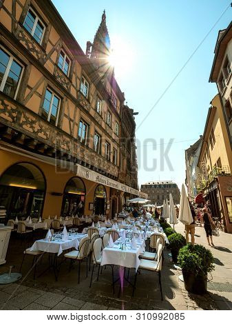 Strasbourg, France - Jul 16, 2019: Outdoor Terrace Of Maison Kammerzell Restaurant In Central Strasb